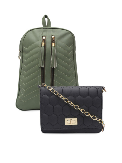 

borse lele Black & Green Set Of 2 Textured PU Structured Sling Bag & Backpack