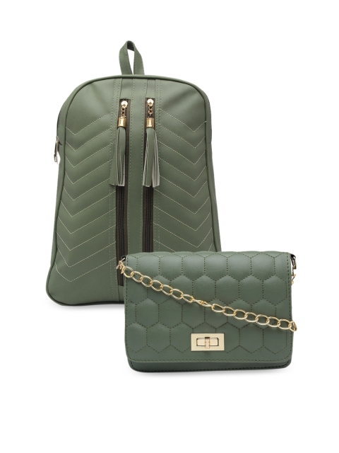 

borse lele Olive Green Set Of 2 Textured PU Structured Sling Bag & Backpack