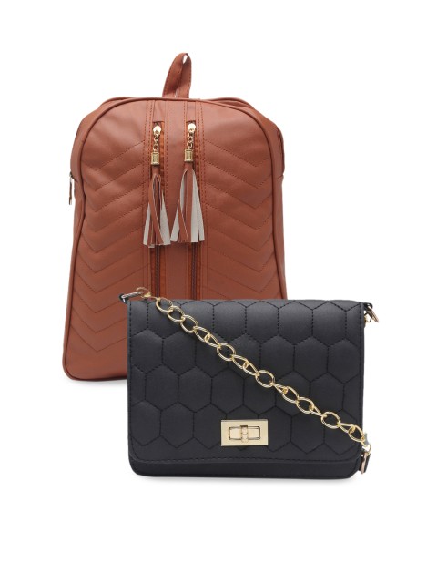 

borse lele Black & Brown Set Of 2 Textured PU Structured Sling Bag