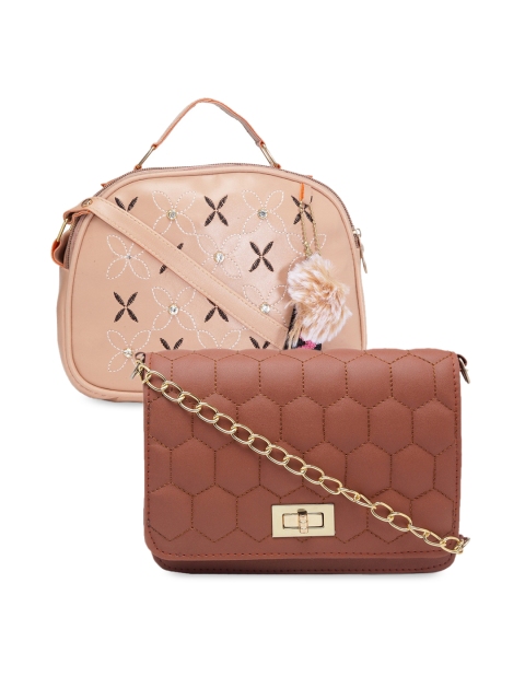 

borse lele Peach-Coloured & Brown Set Of 2 Floral Textured PU Structured Sling Bag