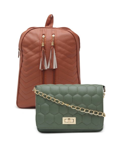 

borse lele Brown & Green Set Of 2 Textured PU Structured Sling Bag & Backpack