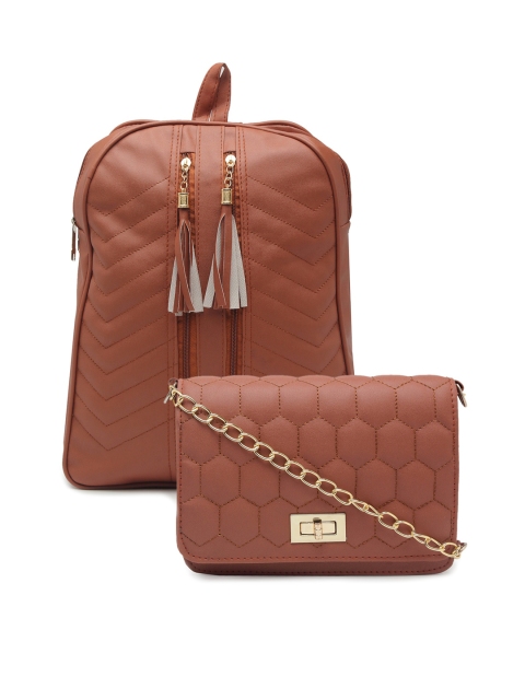 

borse lele Brown Set Of 2 Textured PU Structured Sling Bag & Backpack