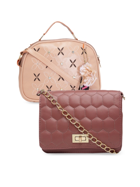 

borse lele Beige & Mauve Set Of 2 Floral Textured PU Structured Sling Bag