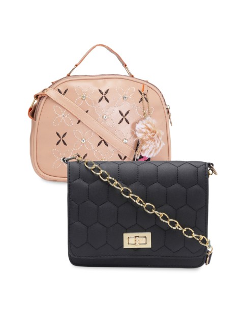 

borse lele Peach-Coloured & Black Set Of 2 Floral Textured PU Structured Sling Bag