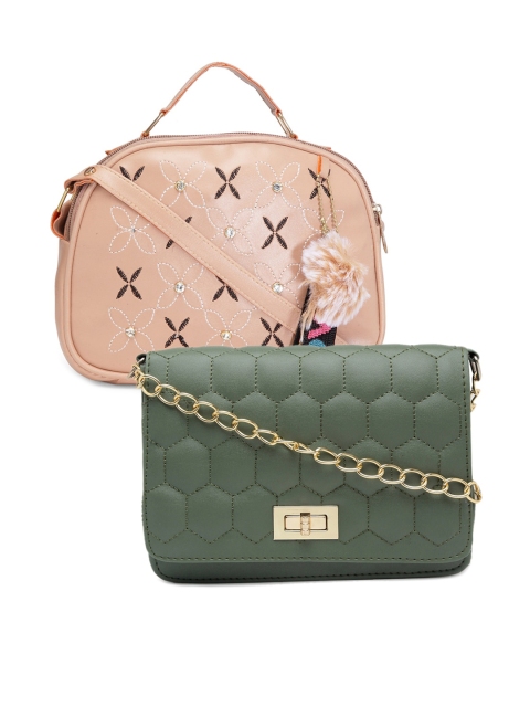 

borse lele Peach-Coloured & Green Set Of 2 Floral Textured PU Structured Sling Bag
