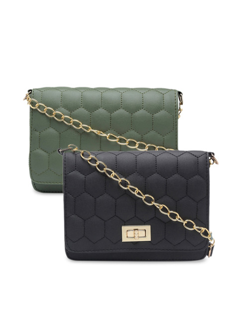 

borse lele Black & Green Set Of 2 Textured PU Structured Sling Bag