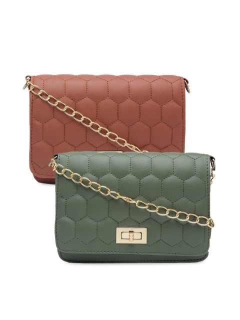 

borse lele Olive Green & Brown Set Of 2 Textured PU Structured Sling Bag