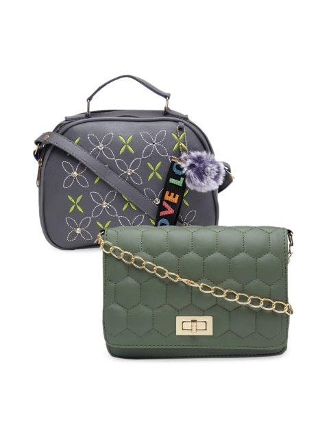 

borse lele Grey & Green Set Of 2 Floral Textured PU Structured Sling Bag