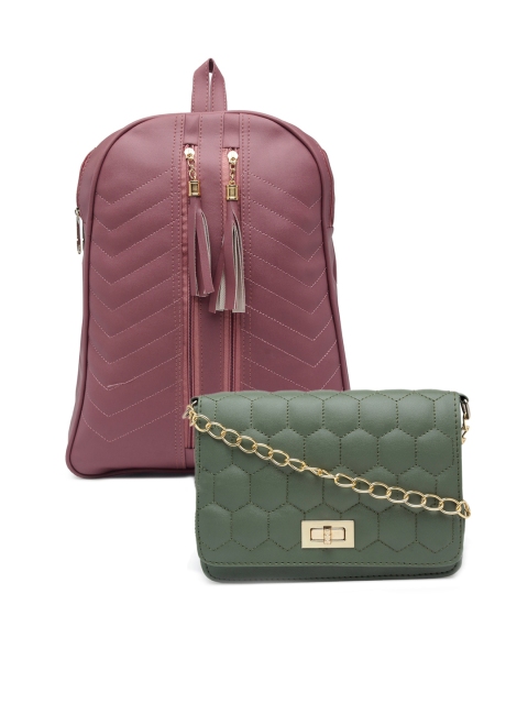 

borse lele Mauve & Green Set Of 2 Textured PU Structured Sling Bag & Backpack