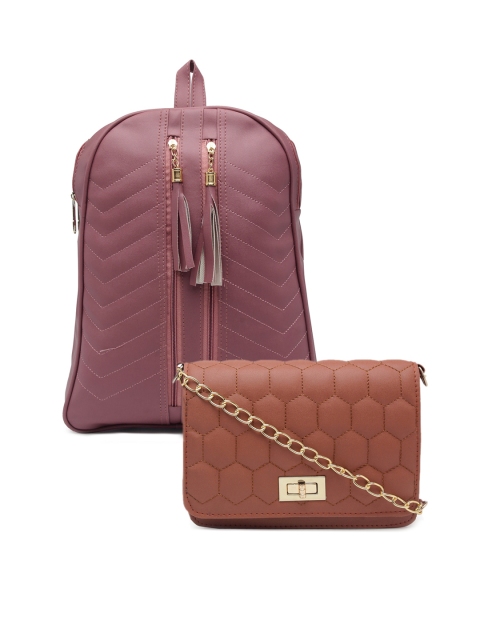

borse lele Brown & Pink Set Of 2 Textured PU Structured Sling Bag & Backpack