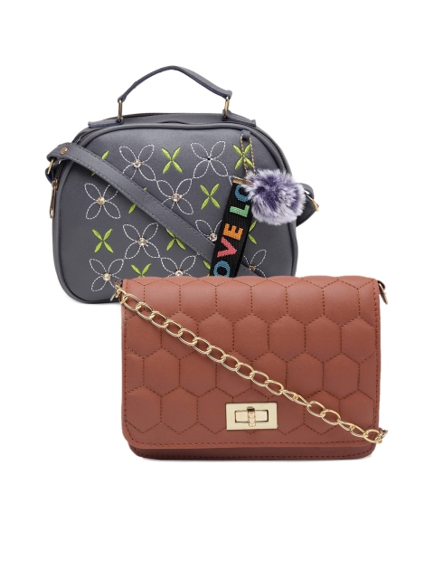 

borse lele Grey & Rust Set Of 2 Floral Textured PU Structured Sling Bag