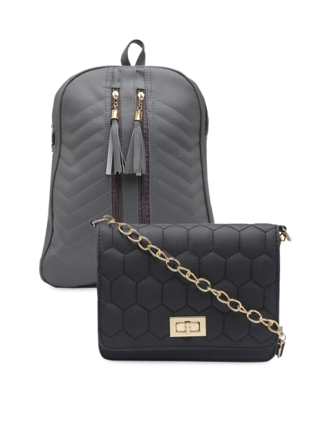 

borse lele Grey & Black Set Of 2 Textured PU Structured Sling Bag & Backpack