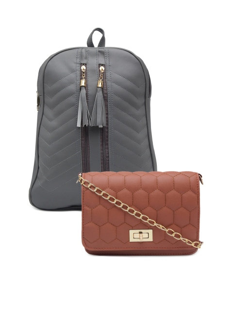 

borse lele Grey & Rust Set Of 2 Textured PU Structured Sling Bag & Backpack