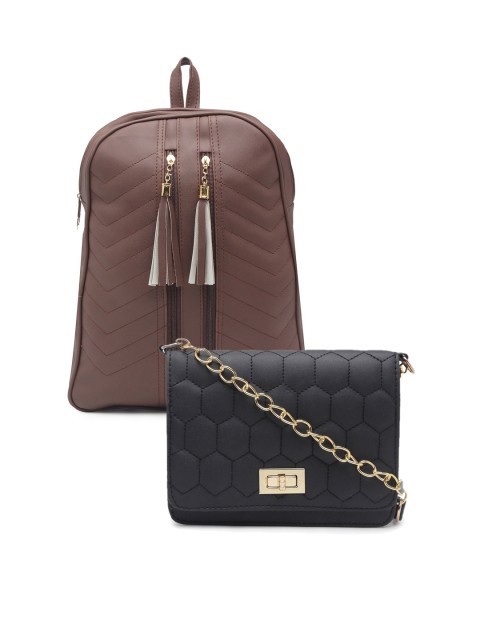 

borse lele Black & Brown Set Of 2 Textured PU Structured Sling Bag & Backpack