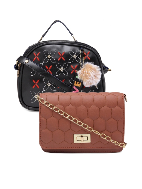 

borse lele Black & Brown Set Of 2 Floral Textured PU Structured Sling Bag