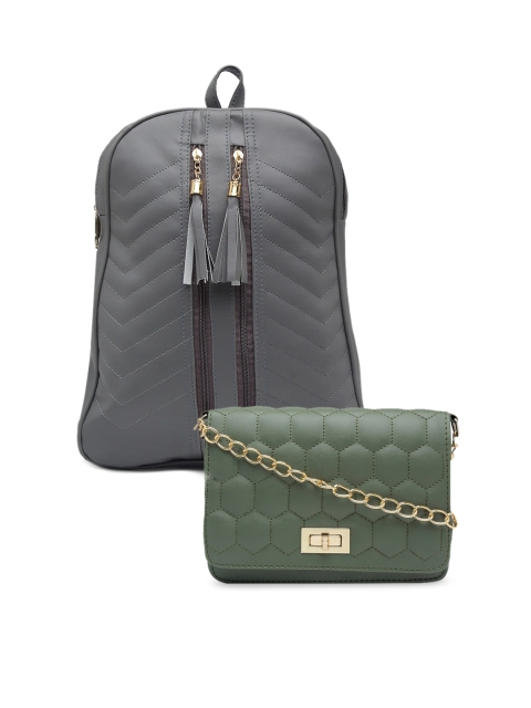 

borse lele Olive Green & Grey Set Of 2 Textured PU Structured Sling Bag & Backpack