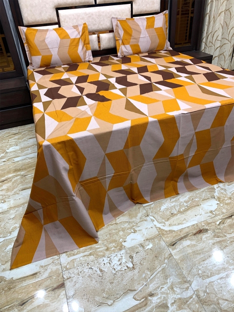 Pure Decor Orange & Beige Geometric 400 TC King Bedsheet with 2 Pillow Covers