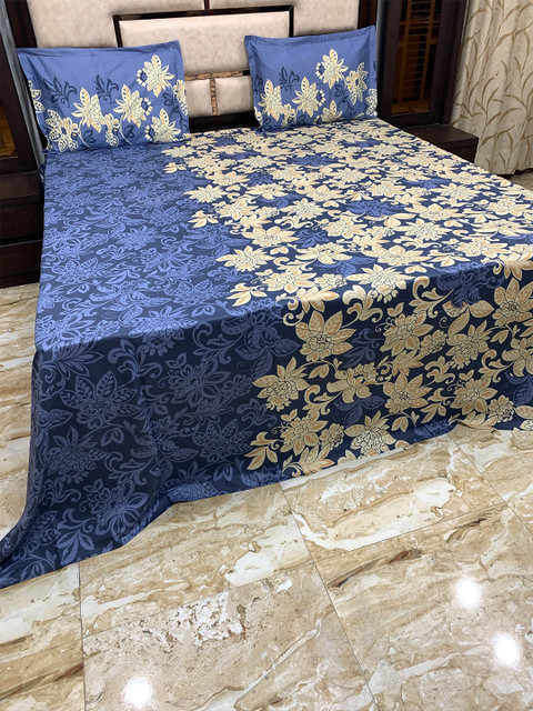 

Pure Decor Blue & Beige Floral 400 TC King Bedsheet with 2 Pillow Covers