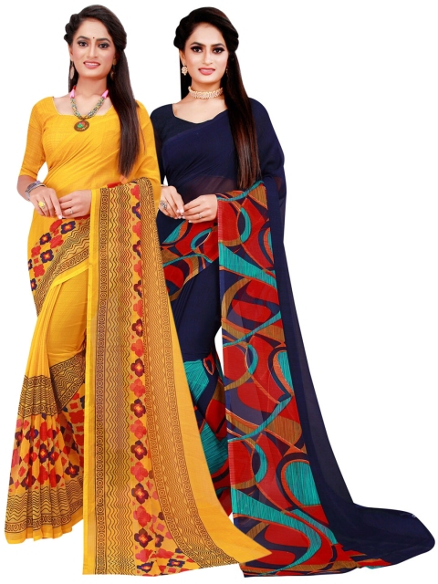 

Florence Set Of 2 Navy Blue & Yellow Floral Pure Georgette Saree