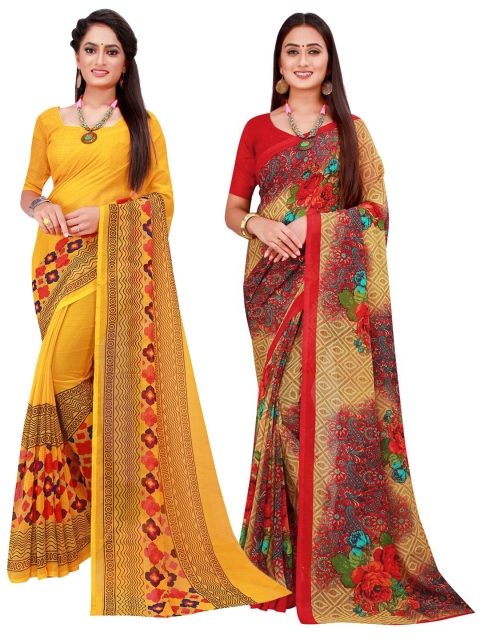 

Florence Red & Yellow Floral Printed Pure Georgette Saree Pack Of 2