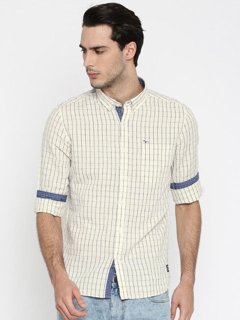 

Flying Machine Men Off-White & Blue Checked Shirt