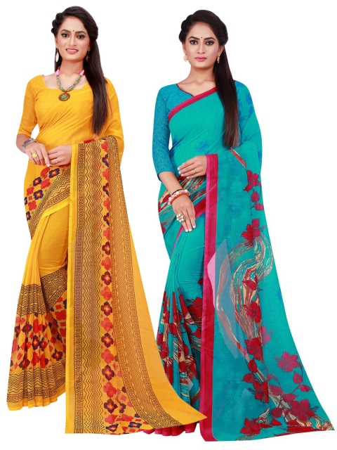 

Florence Yellow & Turquoise Blue Printed Pure Georgette Saree Pack Of 2
