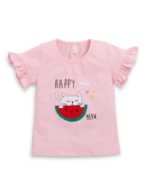 

Hopscotch Girls Pink Typography Printed Applique T-shirt