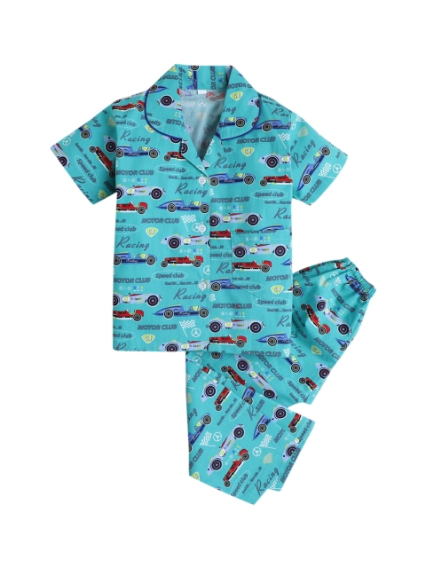 

Hopscotch Boys Blue Printed Cotton Night suit