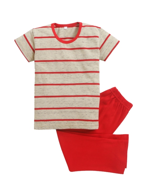 

Hopscotch Boys Beige & Red Striped Pure Cotton Night suit