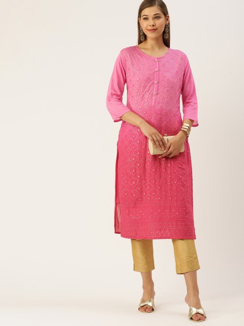 

SWAGG INDIA Women Pink Ethnic Motifs Embroidered Chanderi Silk Kurta