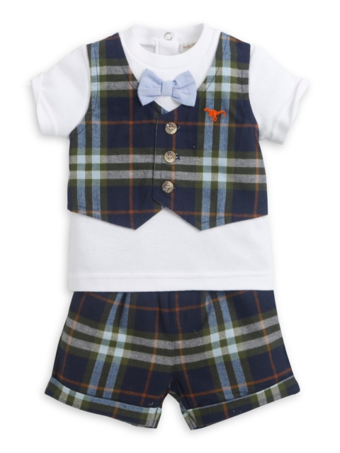 

Hopscotch Boys White & Blue Checked Pure Cotton T-shirt with Shorts
