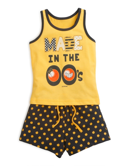 

Hopscotch Girls Yellow & Black Printed Cotton Top with Shorts