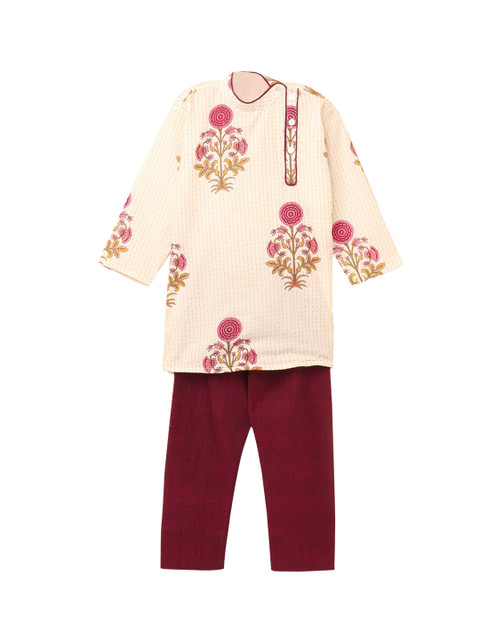 

Hopscotch Boys White Floral Printed Pure Cotton Kurta with Pyjamas