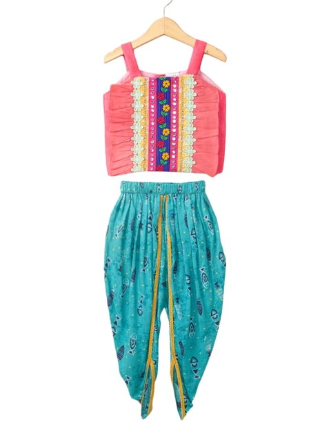 

Hopscotch Girls Peach-Coloured Embroidered Gotta Patti Top With Dhoti Pants