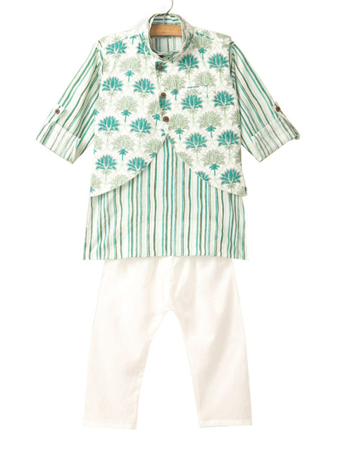 

Hopscotch Boys Green Striped Pure Cotton Kurta with Trousers & Jacket