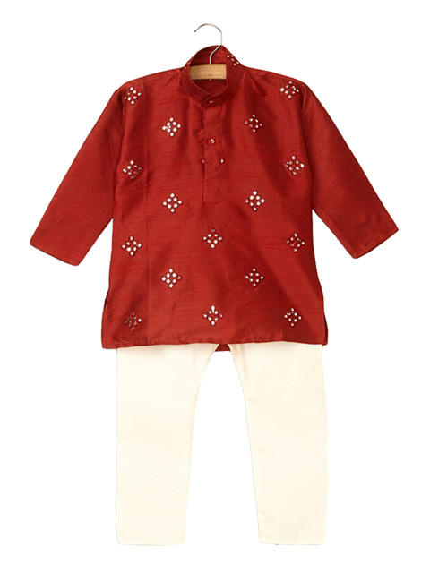 

Hopscotch Boys Maroon Geometric Printed Pure Silk Kurta with Pyjamas