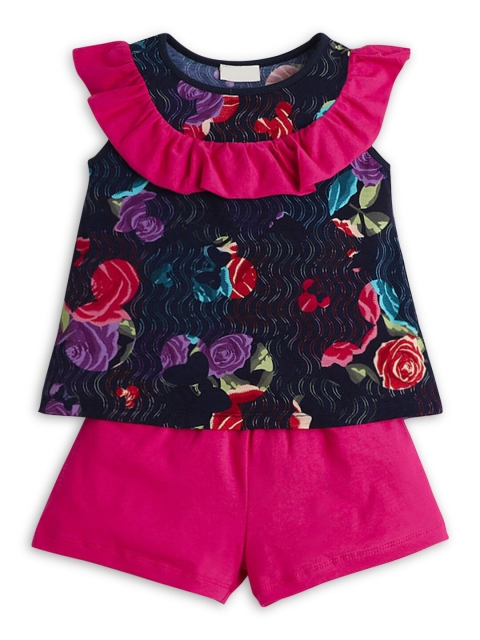 

Hopscotch Girls Navy Blue & Pink Printed Top with Shorts