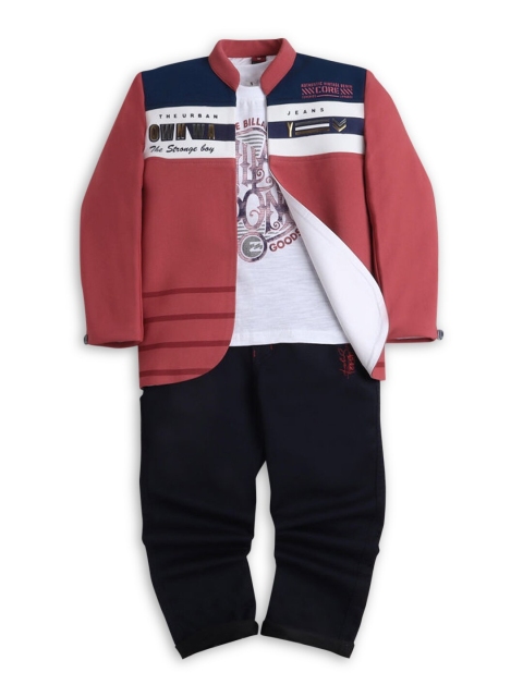 

Hopscotch Boys Peach-Coloured Printed T-shirt with Trousers & Jacket