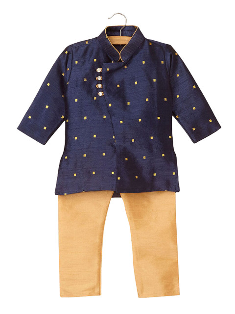 

Hopscotch Boys Navy Blue & Gold Printed Pure Silk Kurta with Pyjamas