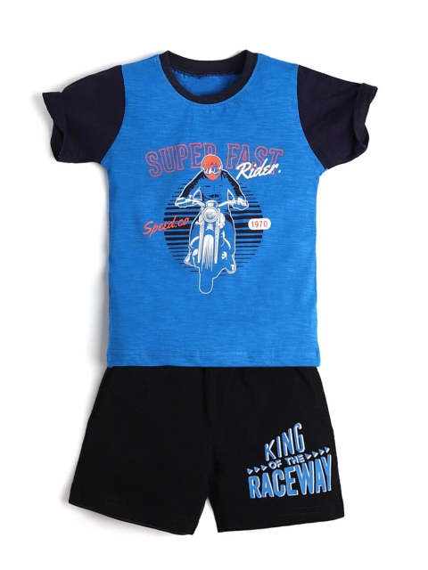 

Hopscotch Boys Blue & Black Printed Pure Cotton T-shirt with Shorts