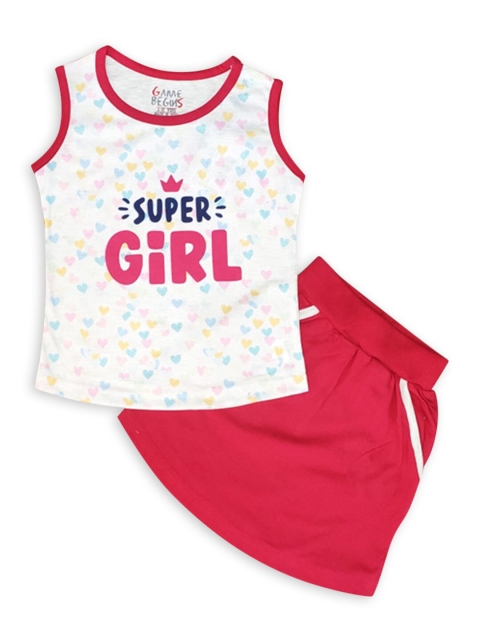 

Hopscotch Girls White & Pink Printed T-shirt with Skirt