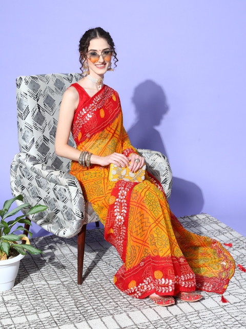 

Chhabra 555 Mustard & Red Bandhani Gotta Patti Bandhani Saree