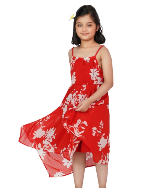 

Dress My Angel Girls Red & White Floral Georgette Asymmetric A-Line Dresses