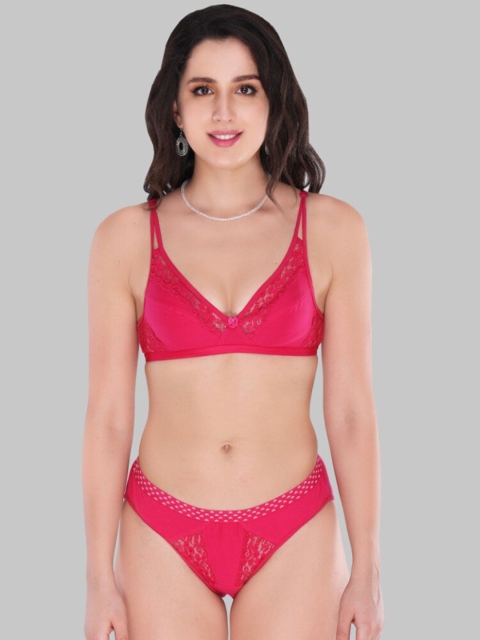 

Innocence Women Fuchsia-Pink Self-Design Lace Lingerie Set