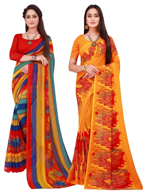 

KALINI Pack of 2 Red & Orange Floral Pure Georgette Sarees
