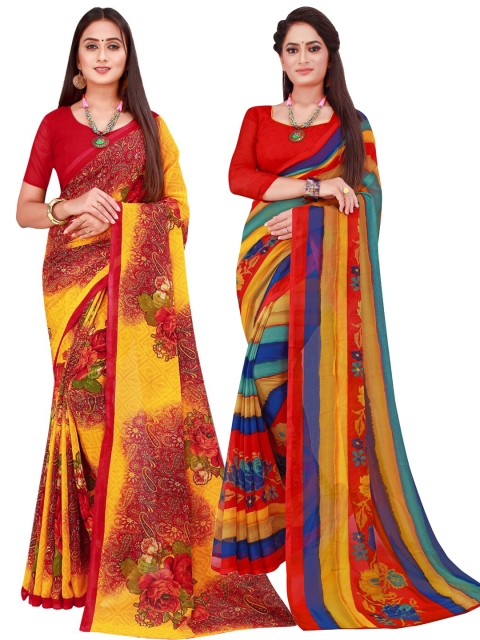 

KALINI Red & Blue Set Of 2 Floral Pure Georgette Saree