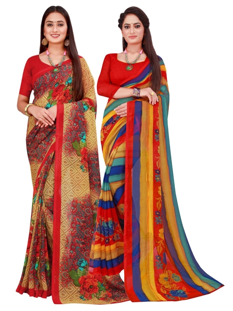 

KALINI Pack of 2 Red & Yellow Pure Georgette Sarees