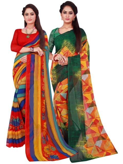 

KALINI Red & Yellow Set of 2 Floral Printed Georgette saree