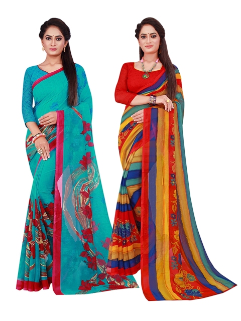 

KALINI Pack of 2 Red & Blue Floral Pure Georgette Sarees
