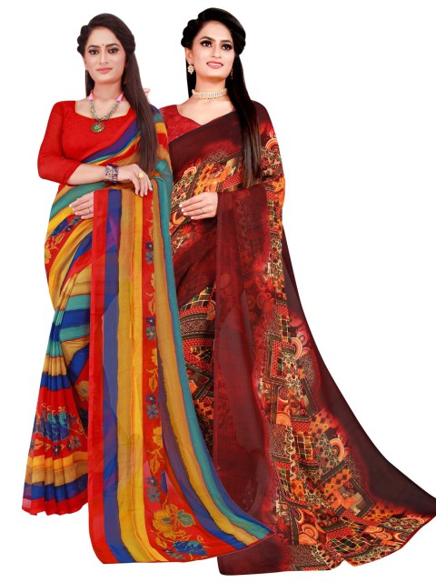 

KALINI Set Of 2 Red & Brown Ethnic Motifs Pure Georgette Saree